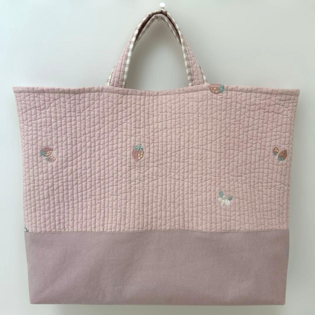 入園入学3点セット　【ピンクいちごヌビ×くすみピンク】　女の子　レッスンバッグ
