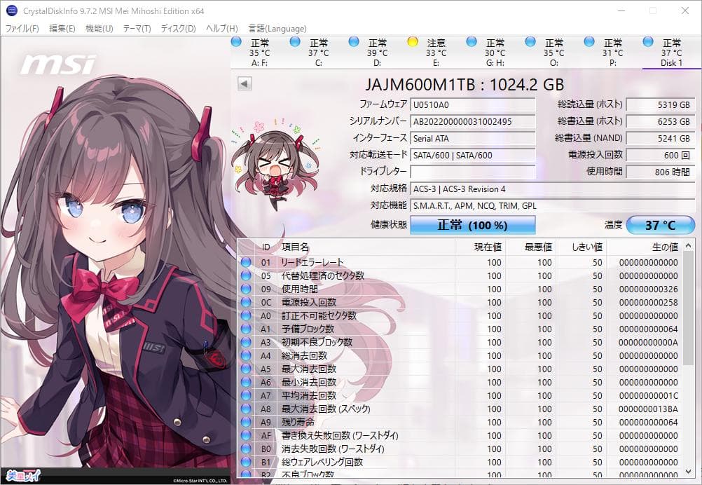 LEVEN m.2 SATA NGFF SSD 1TB 使用時間806時間