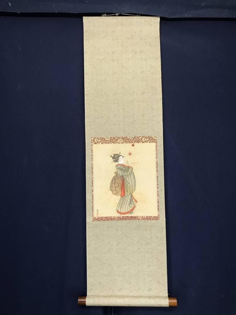 【真作】廣明/美人手毬図/美人図/美人画/掛軸/名家伝来/AC-373