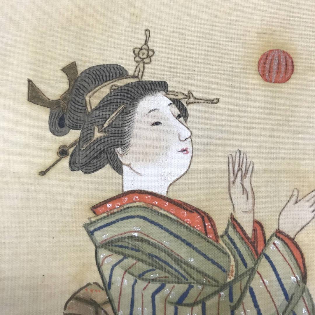 【真作】廣明/美人手毬図/美人図/美人画/掛軸/名家伝来/AC-373