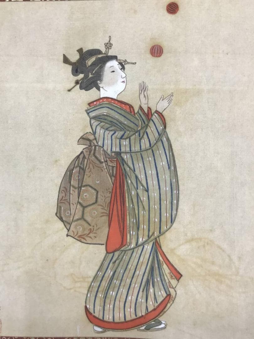 【真作】廣明/美人手毬図/美人図/美人画/掛軸/名家伝来/AC-373