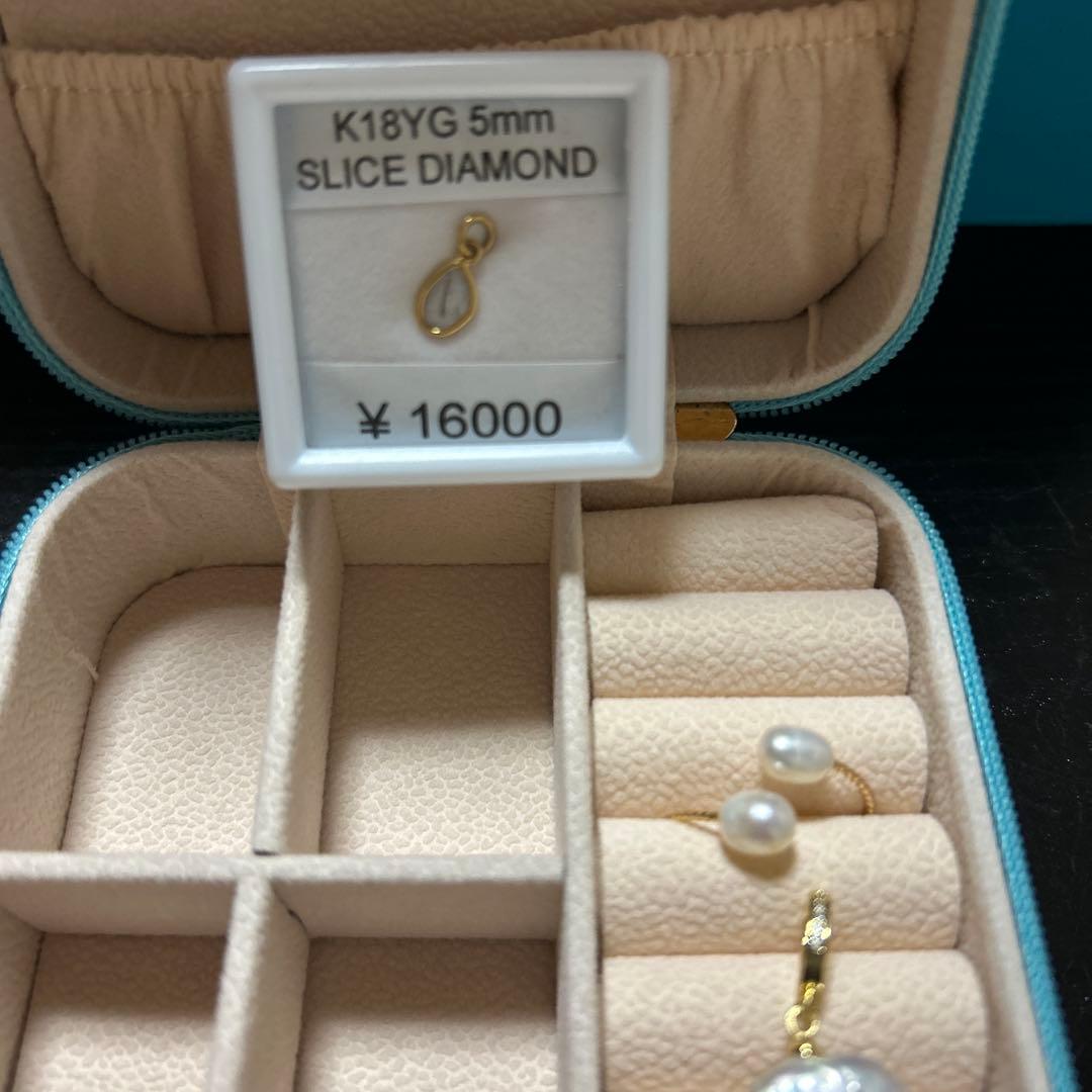 K18YG スライスダイヤモンド　淡水パール　ペントップ　リング ケース付き