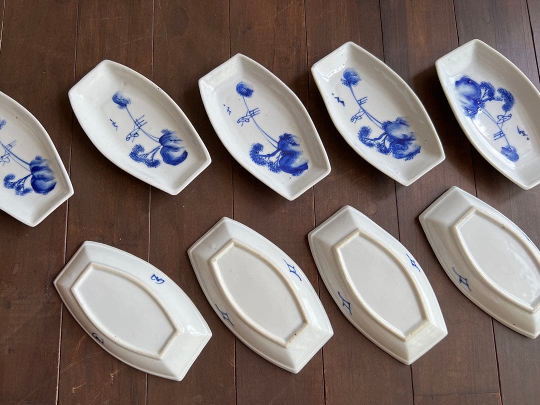 青い花柄舟形皿9枚セット 平佐焼