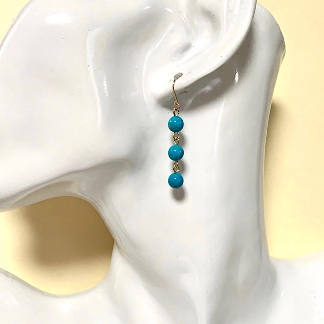 【Rtav】特価 K18 アメリカ産 ターコイズ トリプルピンタイプ ピアス