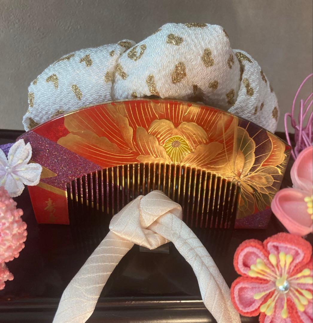 七五三　成人式　春待ち蝶々の花簪　まるぐけおりぼん　櫛平打ち簪　水引簪　日本髪
