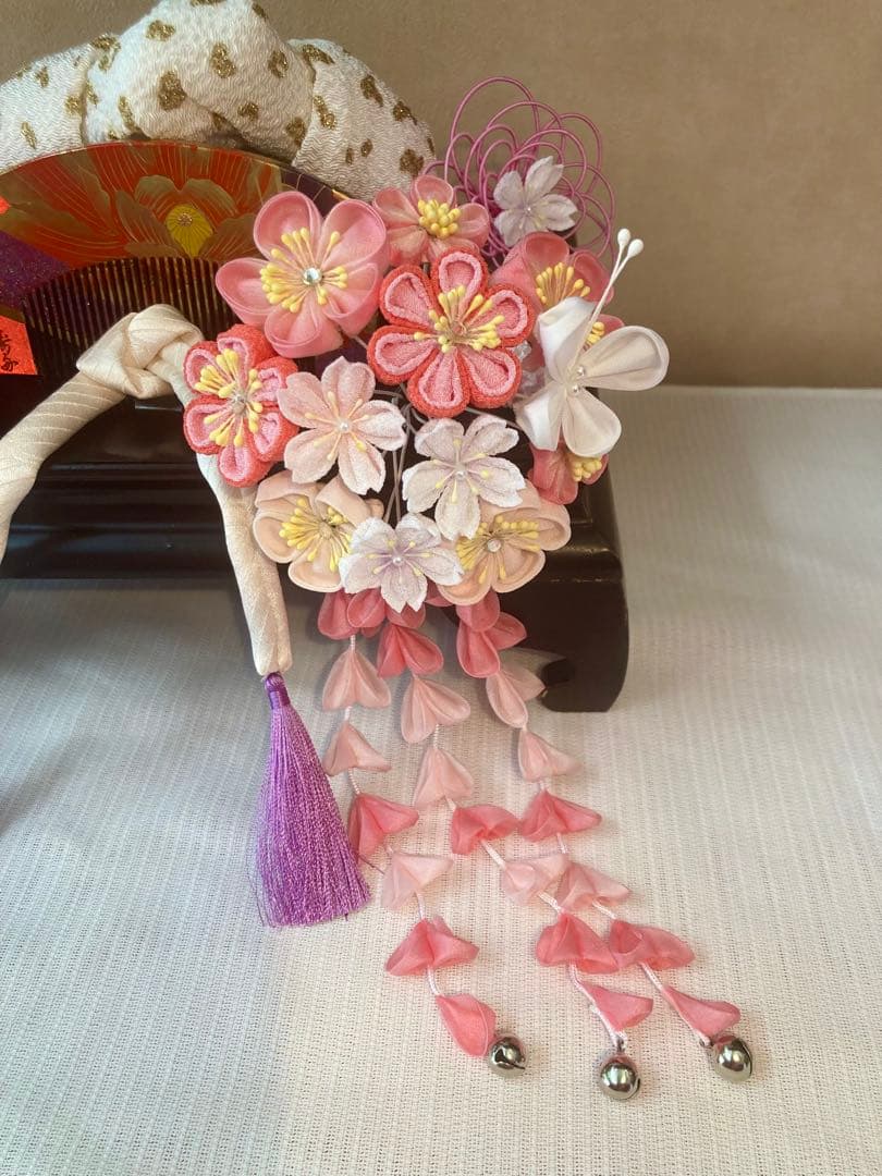 七五三　成人式　春待ち蝶々の花簪　まるぐけおりぼん　櫛平打ち簪　水引簪　日本髪