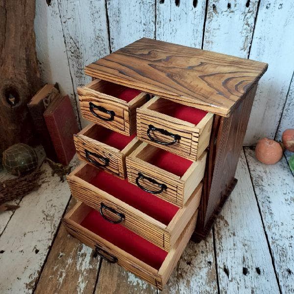 古道具 浮造り 焼杉 小箪笥 小抽斗 引き出し 6杯 小物入れ 無垢 木製 収納