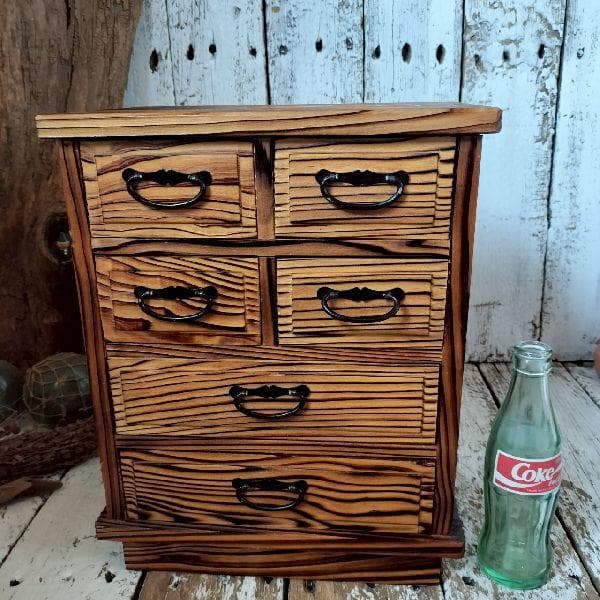 古道具 浮造り 焼杉 小箪笥 小抽斗 引き出し 6杯 小物入れ 無垢 木製 収納