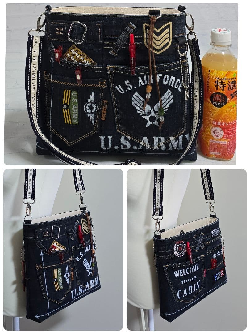 デニムリメイク グラフィックデザイン デニムバッグ 大サイズ 上部ファスナー付き