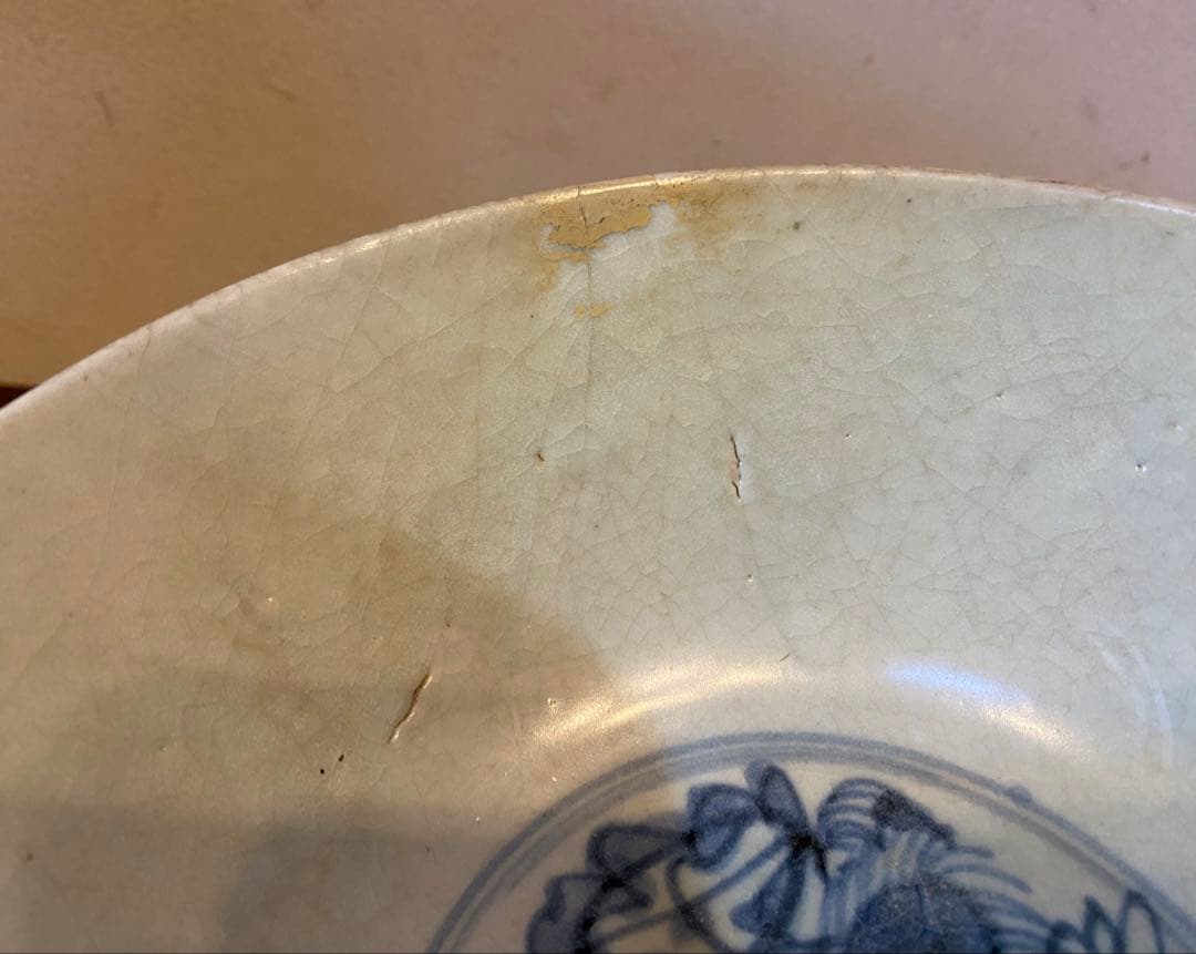 アンティーク汕頭(スワトウ)古染付・獅子文・砂付高台椀・鑑賞スタンド付２点セット