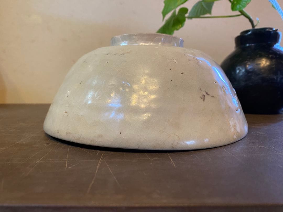 アンティーク汕頭(スワトウ)古染付・獅子文・砂付高台椀・鑑賞スタンド付２点セット