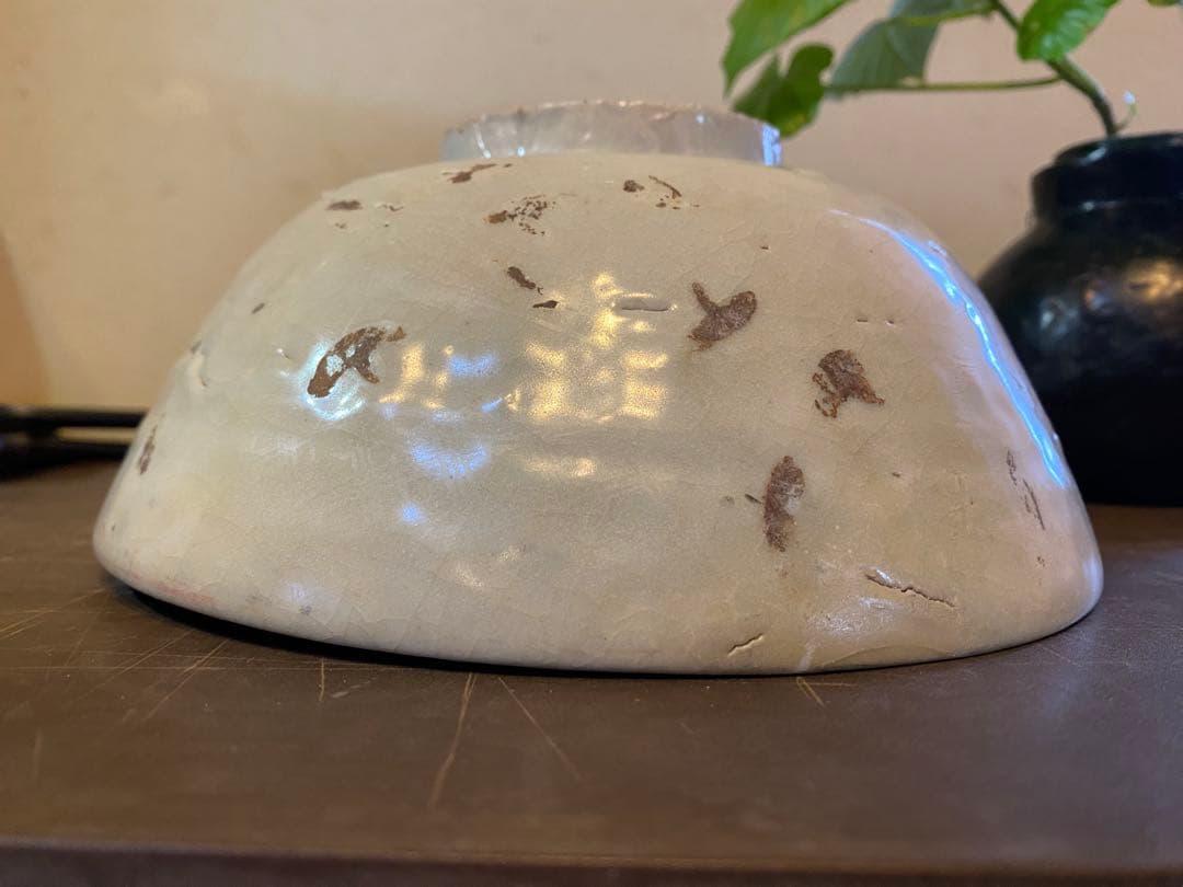 アンティーク汕頭(スワトウ)古染付・獅子文・砂付高台椀・鑑賞スタンド付２点セット