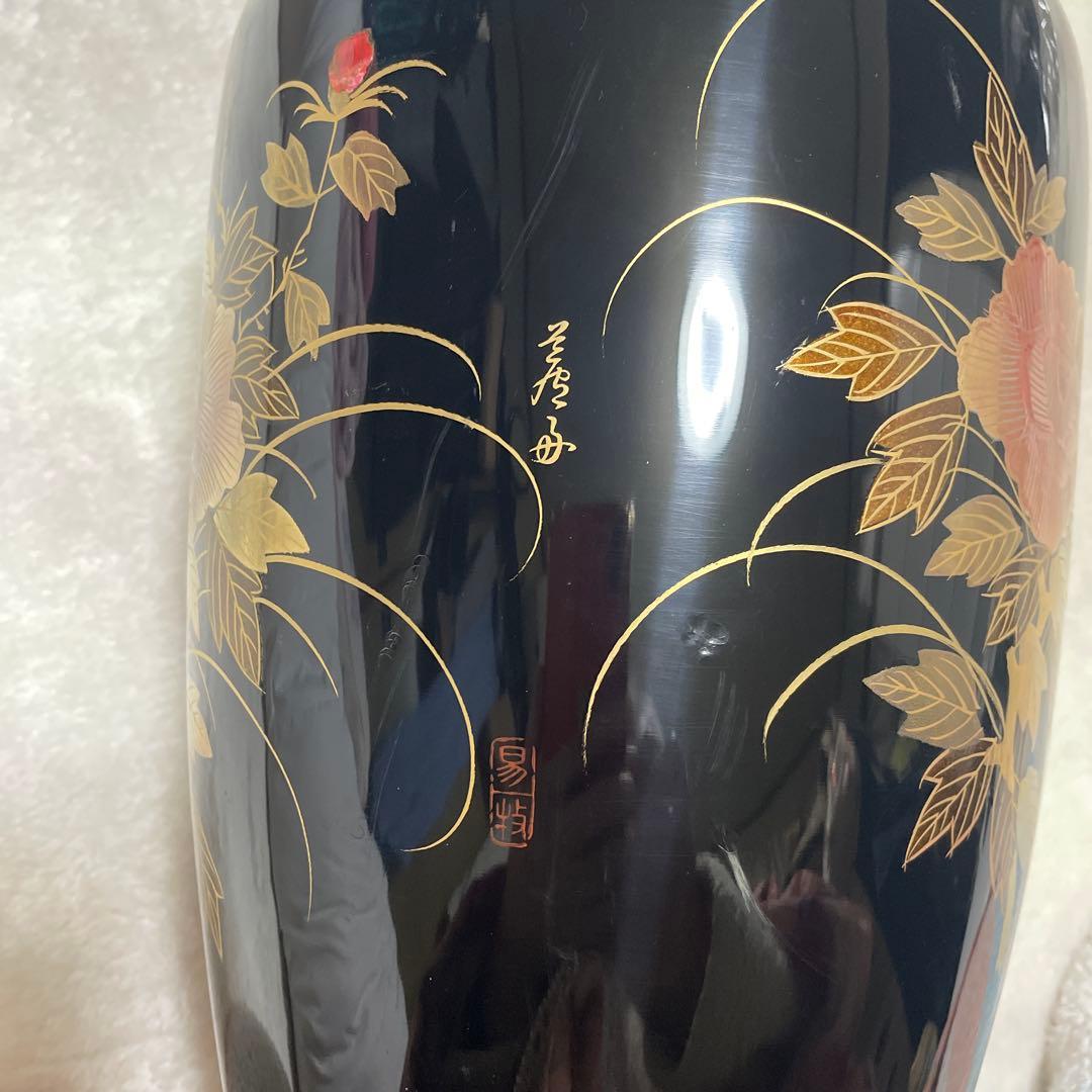 和風 黒い木製漆器花瓶孔雀螺鈿デザイン 中型