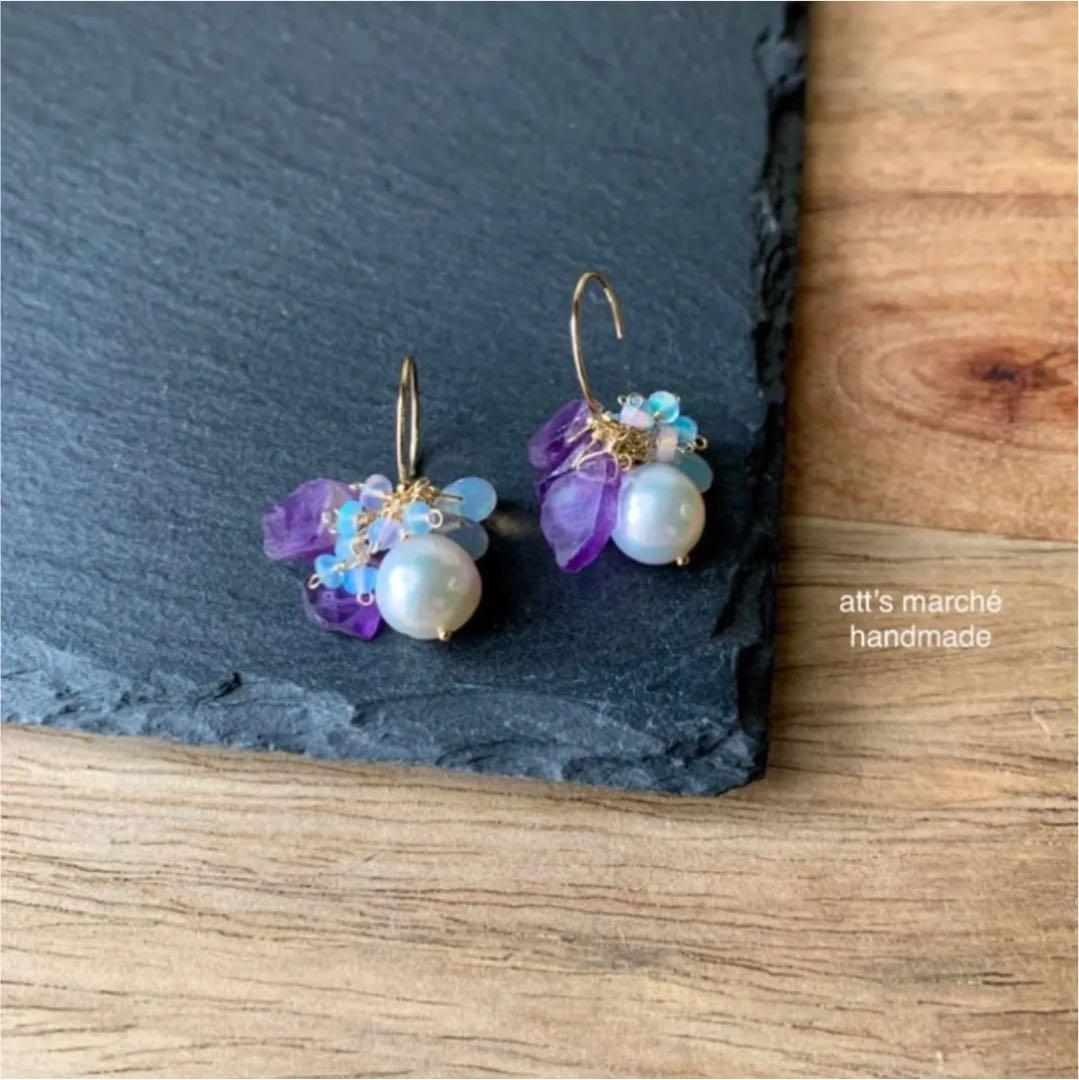 【SALE】カラーオパール（パープル系）×伊勢あこやパールフックピアス ✴︎天然石