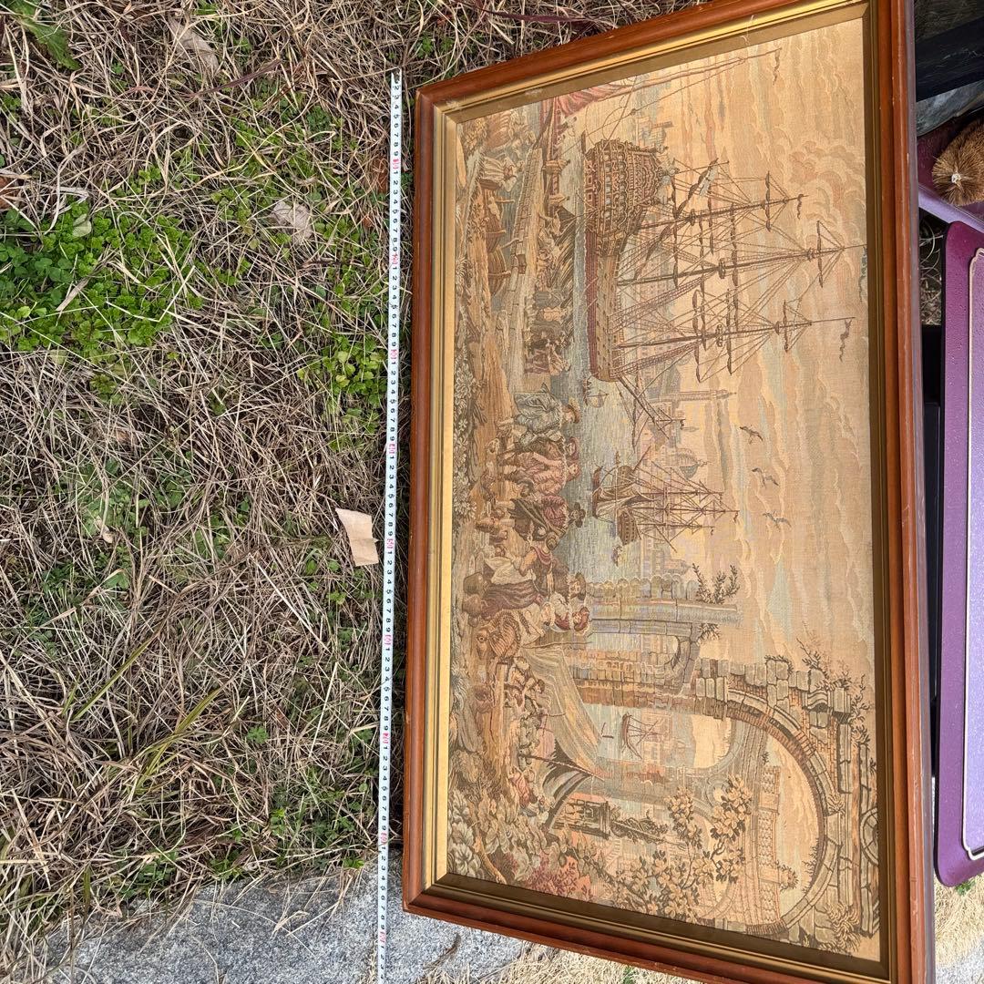 ヨーロッパの港のタペストリー 織りイタリア風景装飾アート　アンティーク