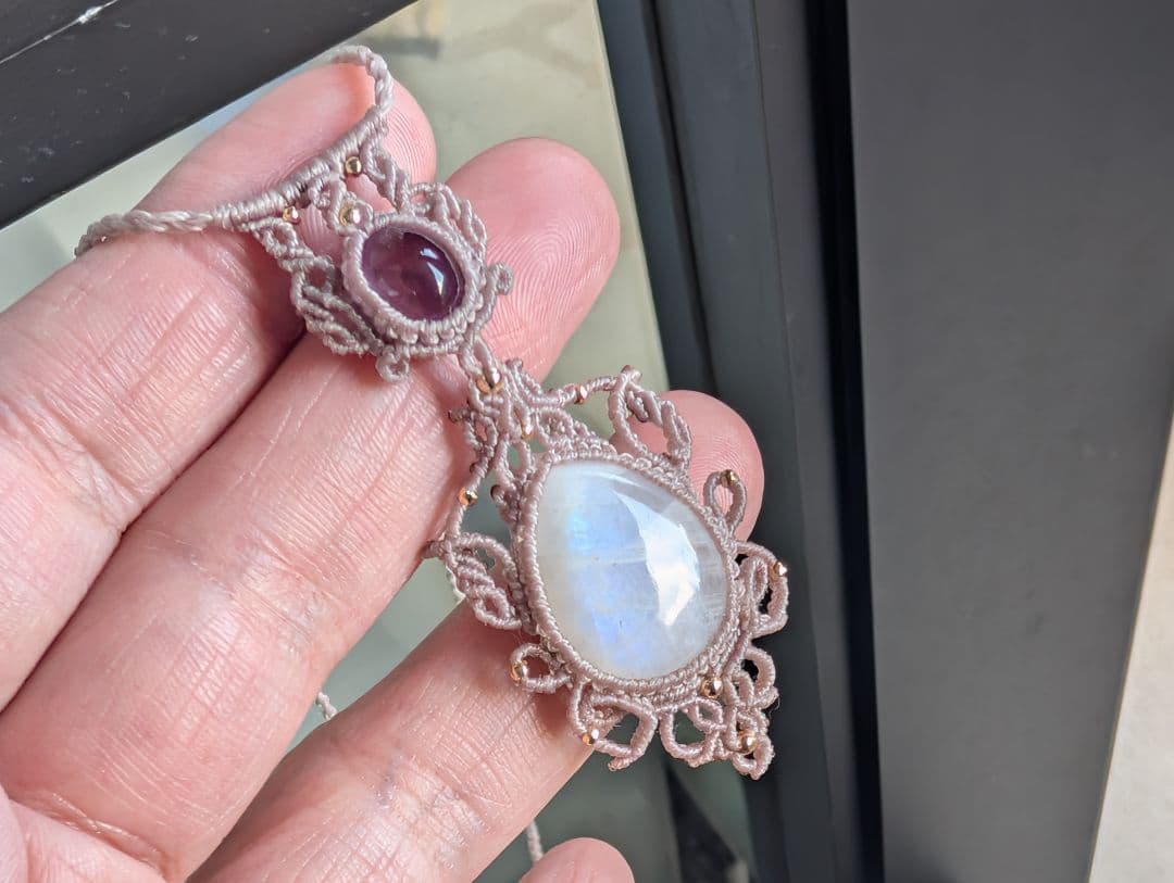 マクラメネックレス レインボームーンストーン/アメジスト