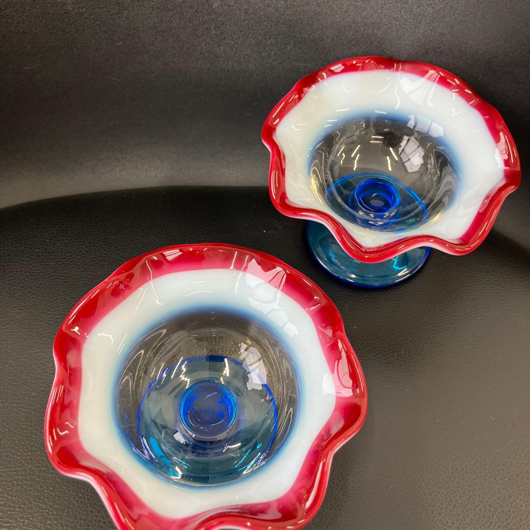 希少　大正モダン　氷コップ 和ガラス　三色 手吹き ガラス 乳白色 レトロ