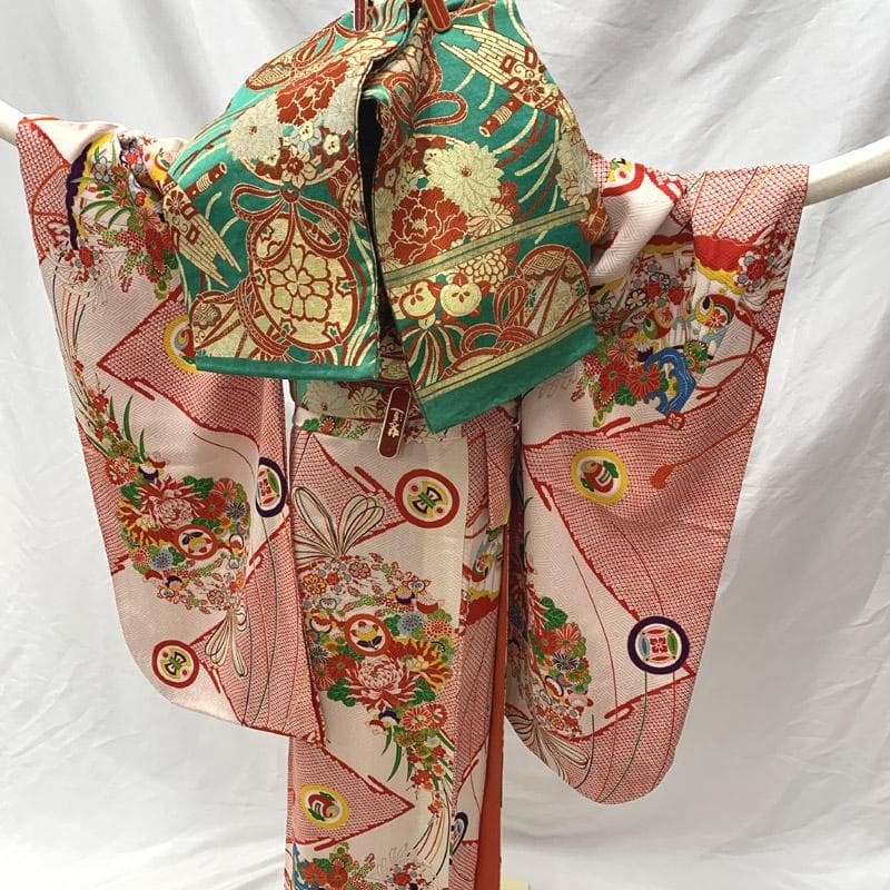 602aj42■卒業式 ハーフ成人式 女児 着物のみ 薬玉文 鹿の子■良好