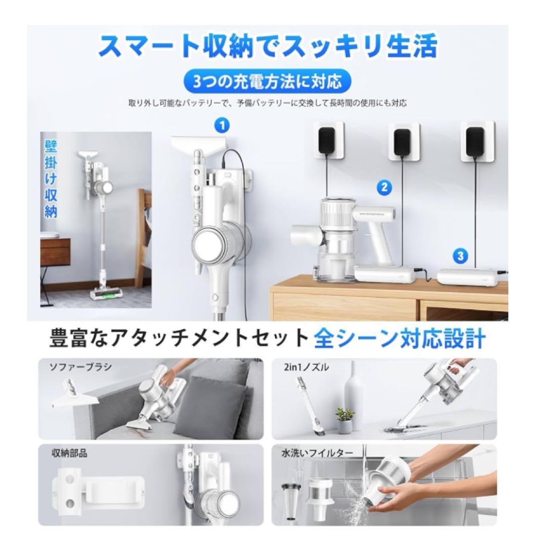 掃除機 コードレス 業界革新 50Kpa超強力吸引グリーンLEDライト 水洗い