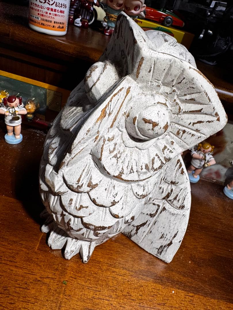 超可愛い 木製 フクロウ 彫刻 白 ※北欧