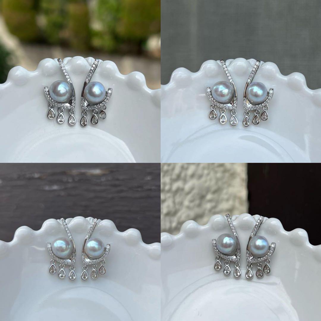 星三日月パールアシンメトリーピアス　三角形パールフープピアス　アコヤパールピアス