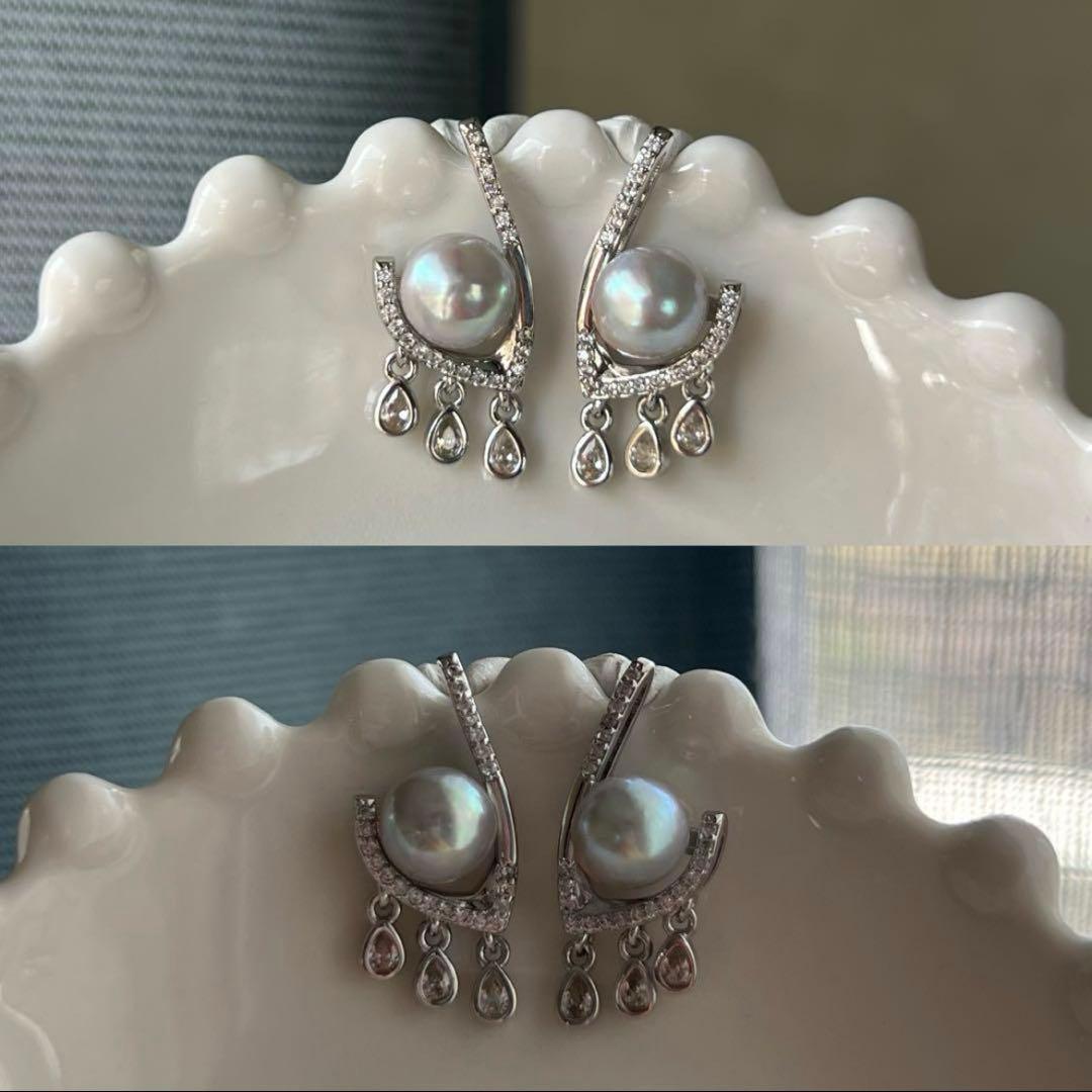 星三日月パールアシンメトリーピアス　三角形パールフープピアス　アコヤパールピアス