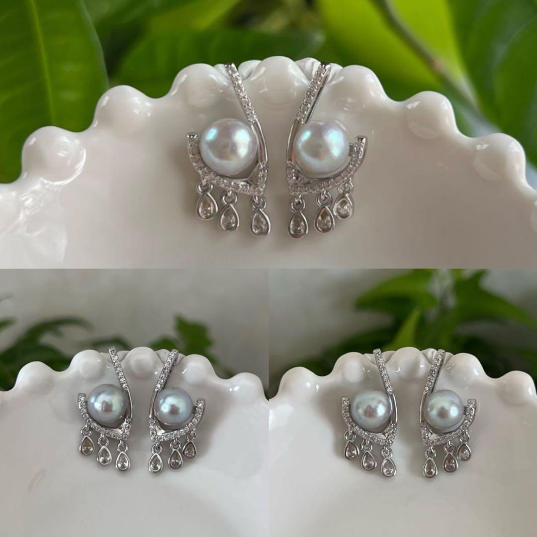 星三日月パールアシンメトリーピアス　三角形パールフープピアス　アコヤパールピアス