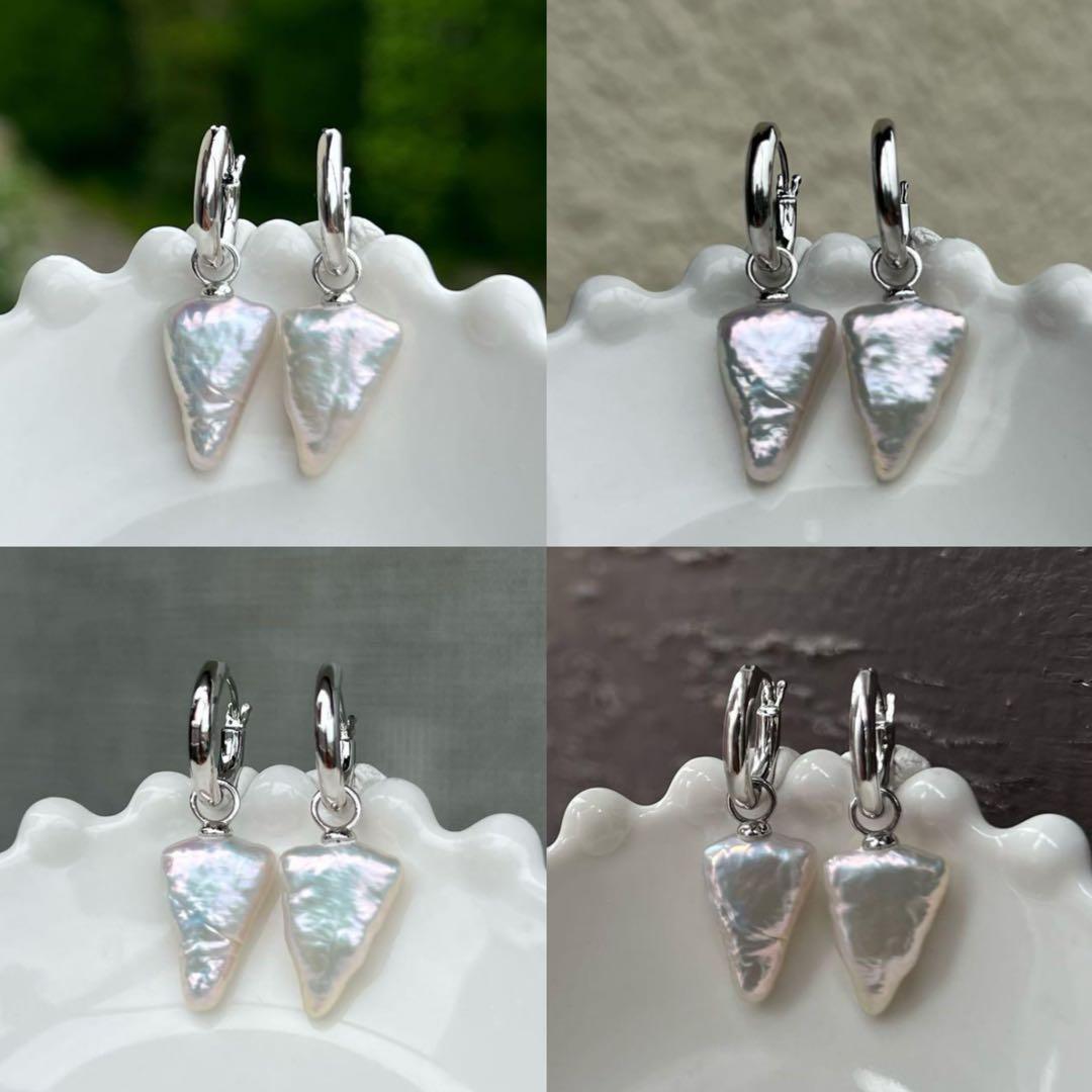 星三日月パールアシンメトリーピアス　三角形パールフープピアス　アコヤパールピアス