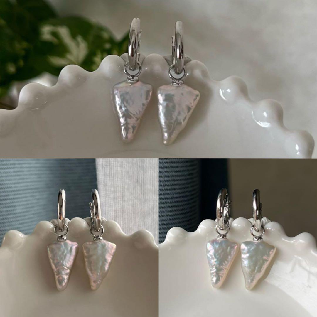 星三日月パールアシンメトリーピアス　三角形パールフープピアス　アコヤパールピアス