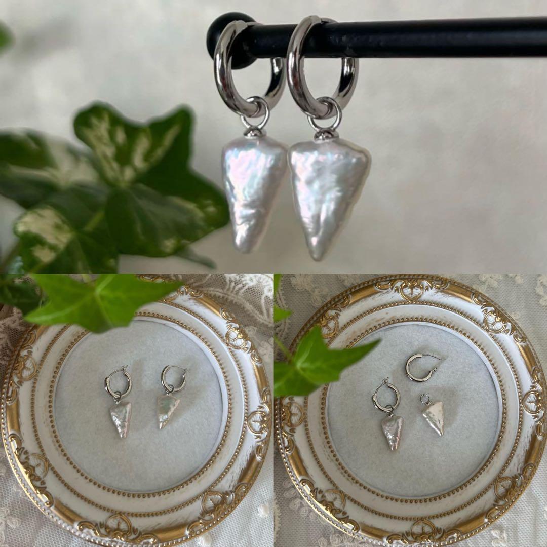 星三日月パールアシンメトリーピアス　三角形パールフープピアス　アコヤパールピアス