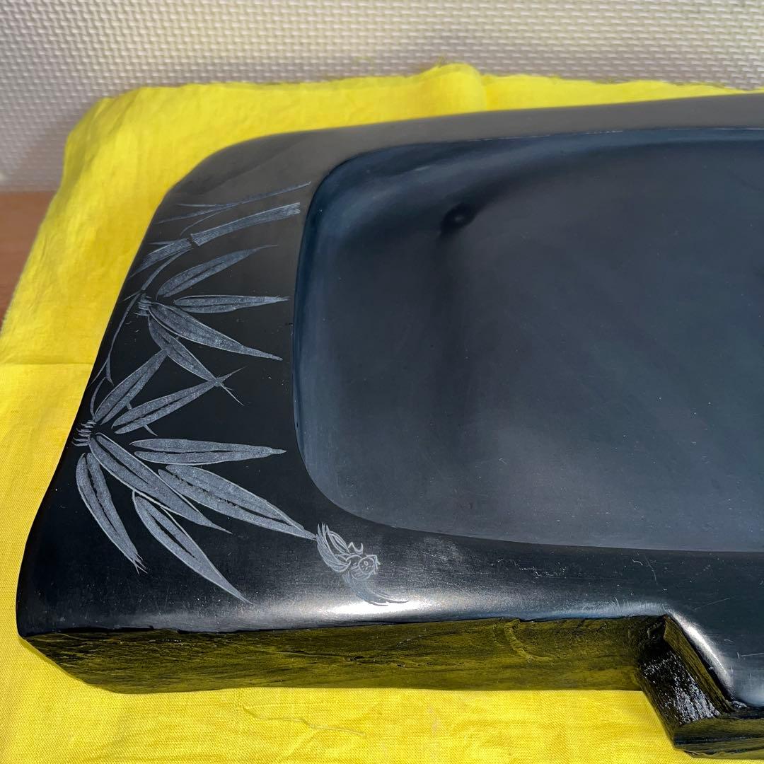 ⭕️超大型　雄勝硯　笹竹と雀彫刻　ドデカイ　4.5kg 未使用　石紋綺麗　オブジェ