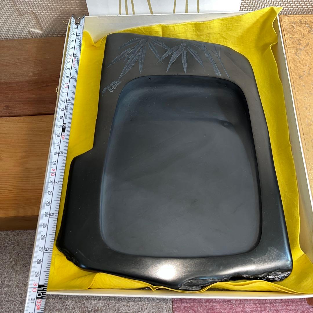 ⭕️超大型　雄勝硯　笹竹と雀彫刻　ドデカイ　4.5kg 未使用　石紋綺麗　オブジェ