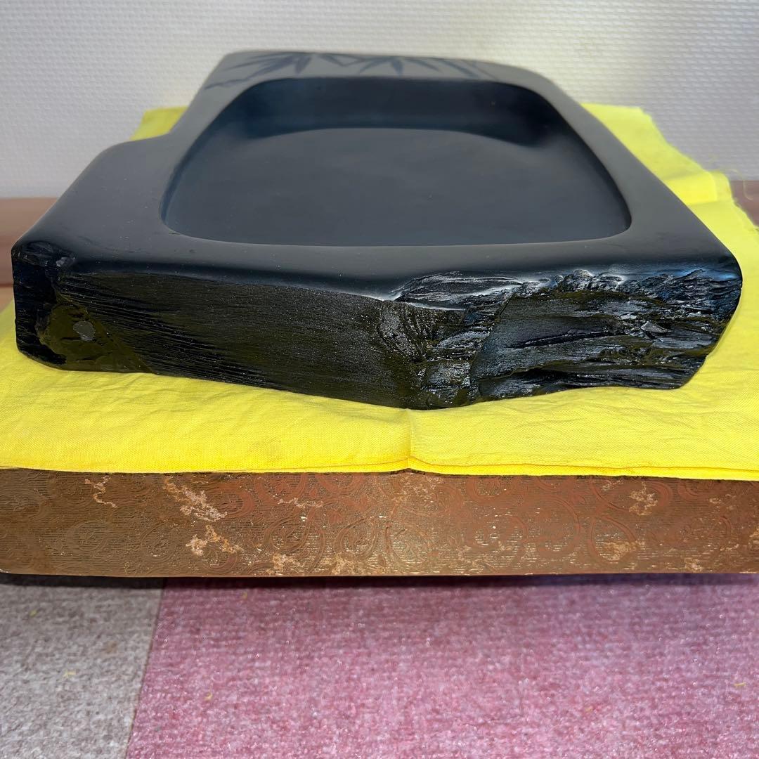 ⭕️超大型　雄勝硯　笹竹と雀彫刻　ドデカイ　4.5kg 未使用　石紋綺麗　オブジェ