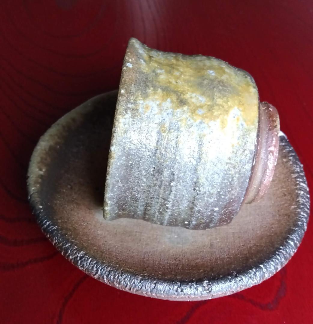 越前焼名工　白越不朝　塩越窯自然灰釉究極美逸品ぐい呑み湯呑3種茶托セットNo4