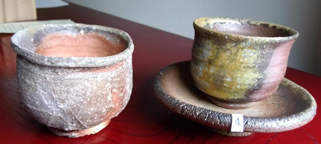 越前焼名工　白越不朝　塩越窯自然灰釉究極美逸品ぐい呑み湯呑3種茶托セットNo4