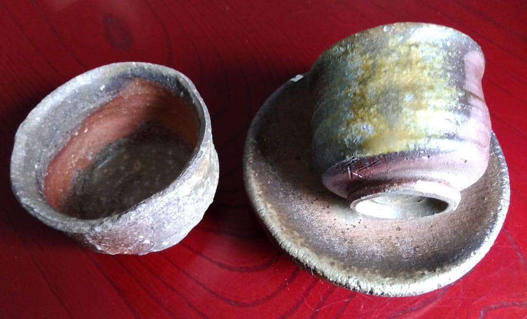 越前焼名工　白越不朝　塩越窯自然灰釉究極美逸品ぐい呑み湯呑3種茶托セットNo4