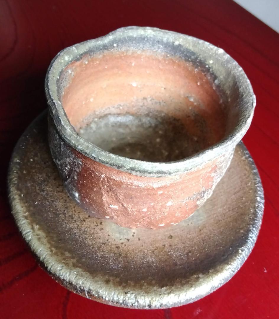 越前焼名工　白越不朝　塩越窯自然灰釉究極美逸品ぐい呑み湯呑3種茶托セットNo4