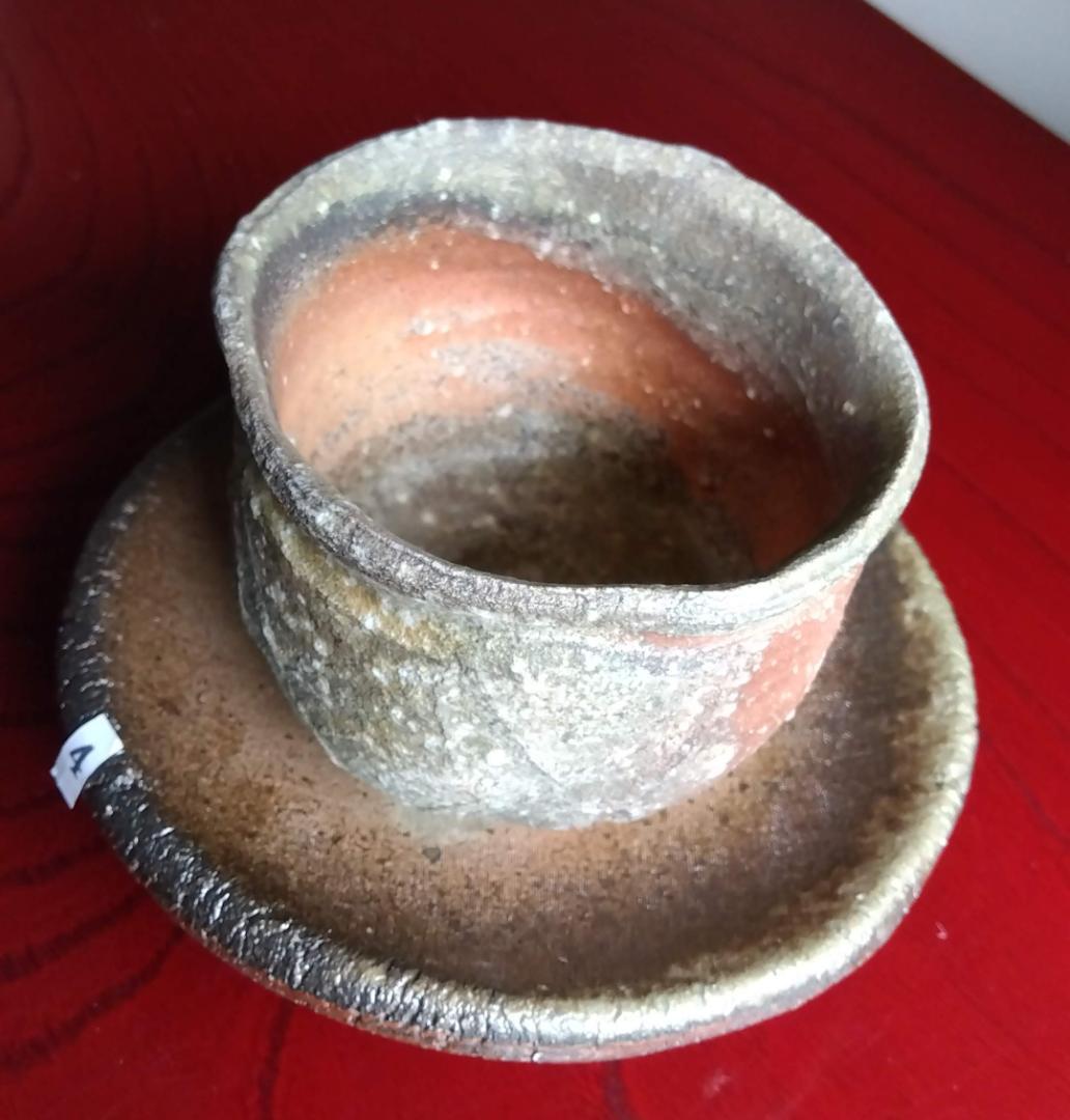 越前焼名工　白越不朝　塩越窯自然灰釉究極美逸品ぐい呑み湯呑3種茶托セットNo4