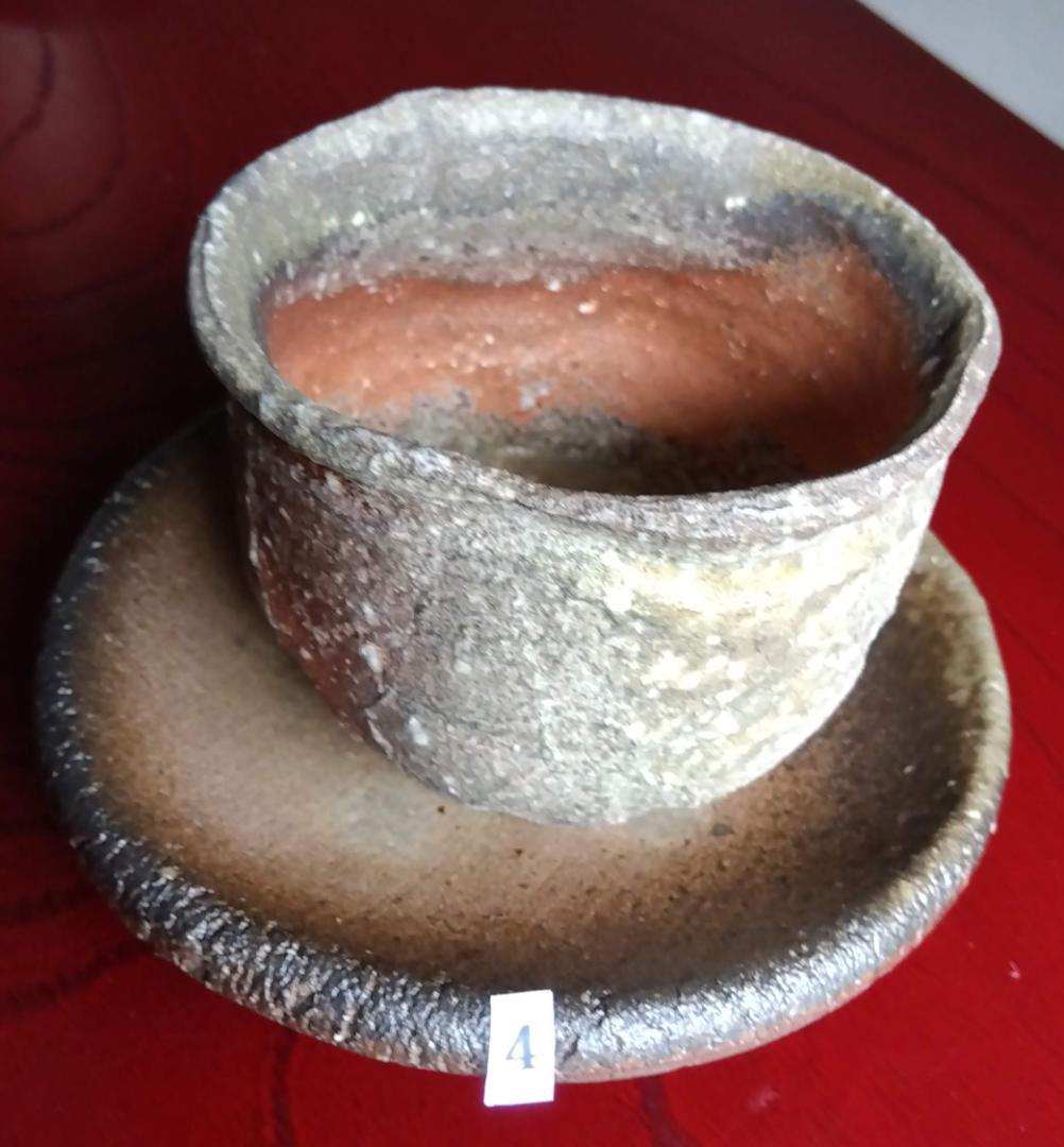 越前焼名工　白越不朝　塩越窯自然灰釉究極美逸品ぐい呑み湯呑3種茶托セットNo4