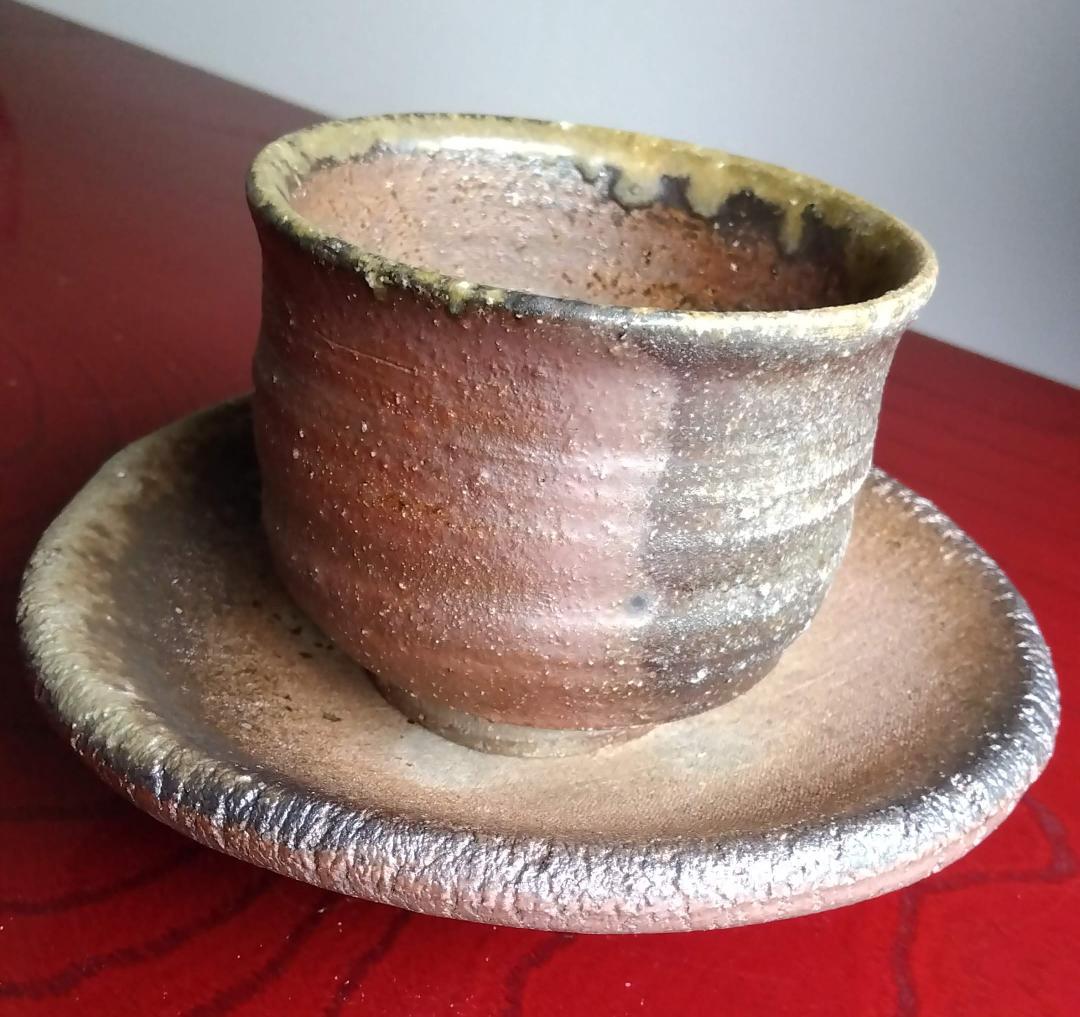 越前焼名工　白越不朝　塩越窯自然灰釉究極美逸品ぐい呑み湯呑3種茶托セットNo4