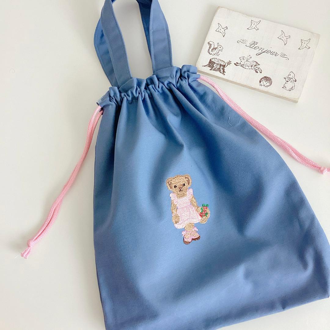 テディベア刺繍付き手提げトートバッグ＆手提げ巾着・お着替え入れ・体操服袋セット