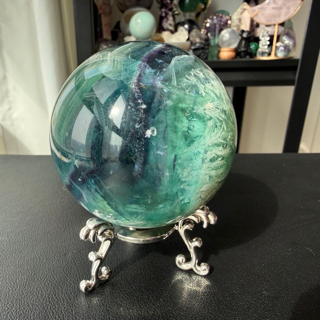 天然石フェザーフローライトのスフィア　丸玉　置物NO.031701