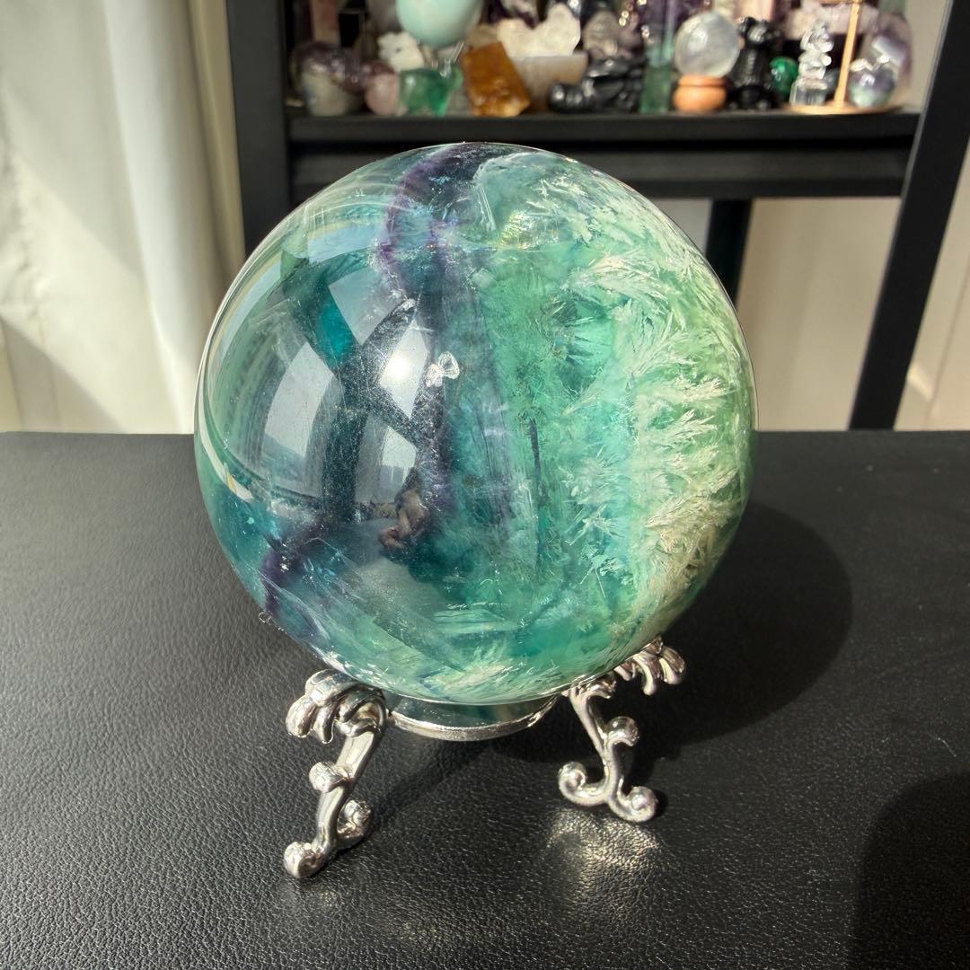 天然石フェザーフローライトのスフィア　丸玉　置物NO.031701
