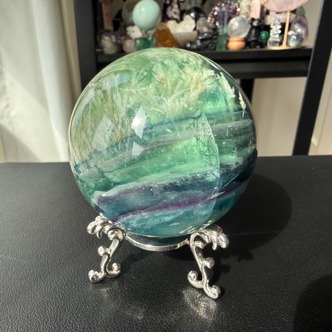 天然石フェザーフローライトのスフィア　丸玉　置物NO.031701