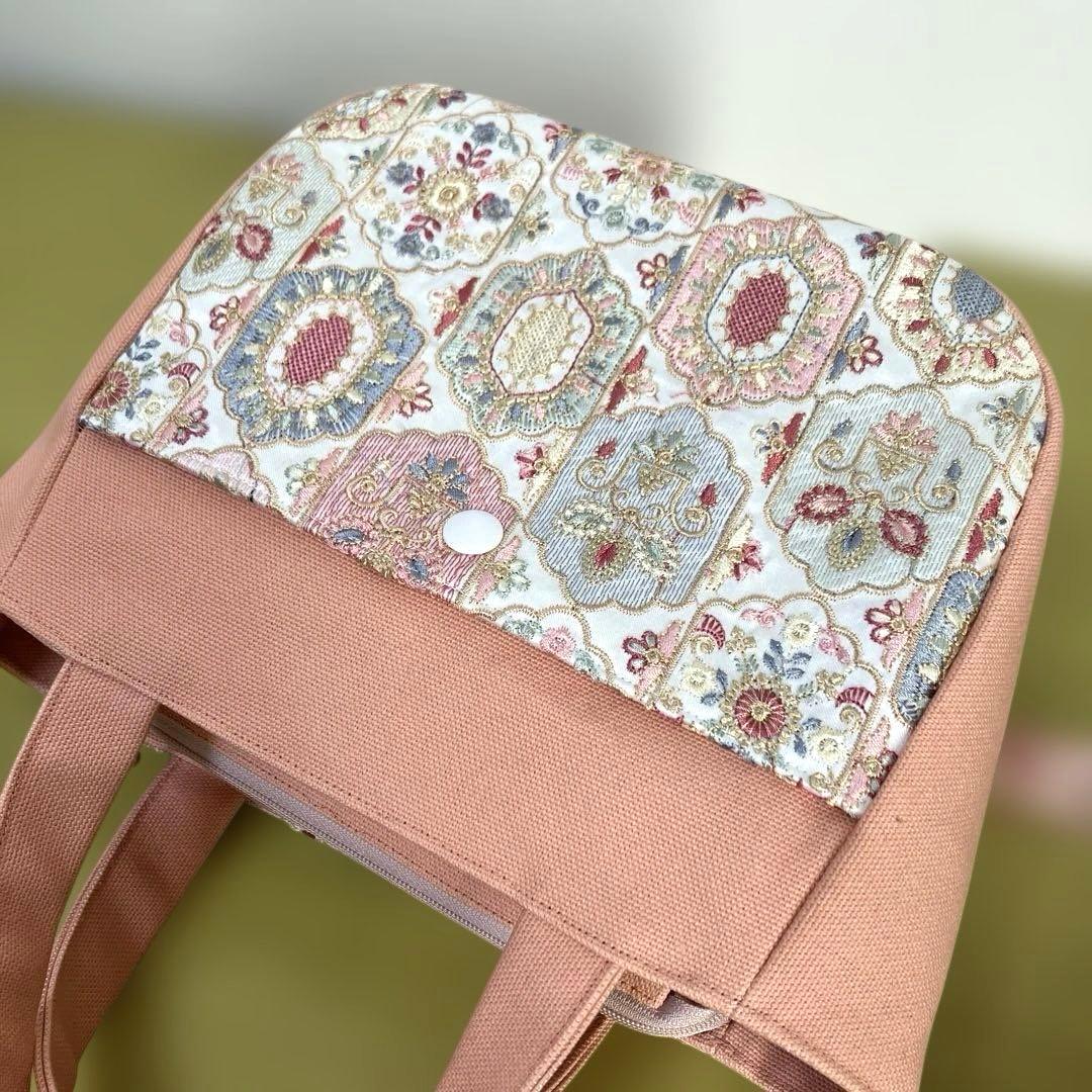 インド刺繍生地　帆布　トート　ショルダーバック　横マチ込34×縦20×マチ13㎝