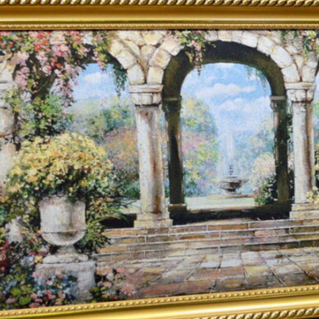 絵画　『噴水のある風景』　フランス・ゴブラン織り使用　良質キャンバス　豪華　額絵