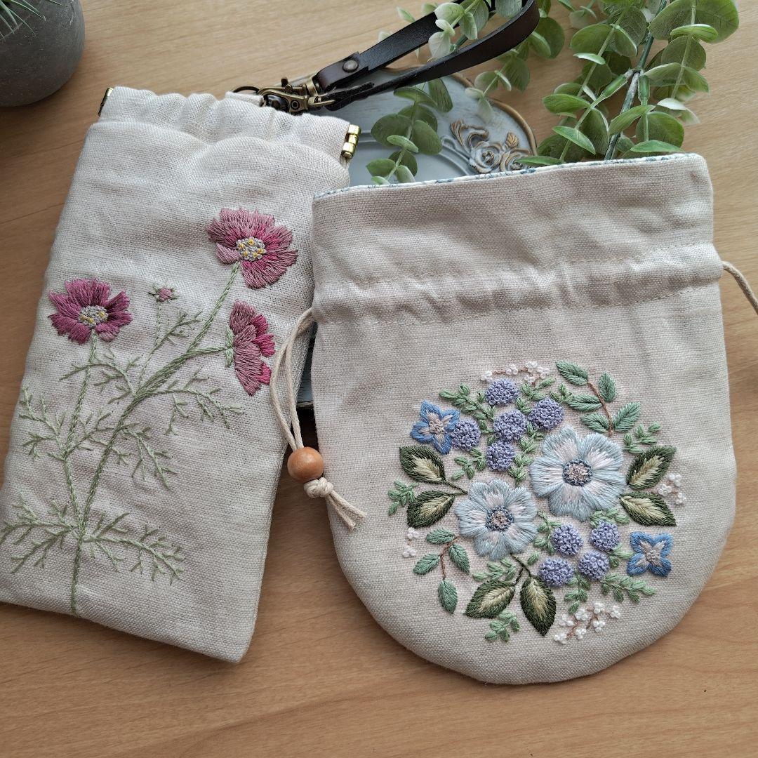 チーキー様リクエスト品2点　メガネポーチ＆まぁるい巾着ポーチボタニカル柄
