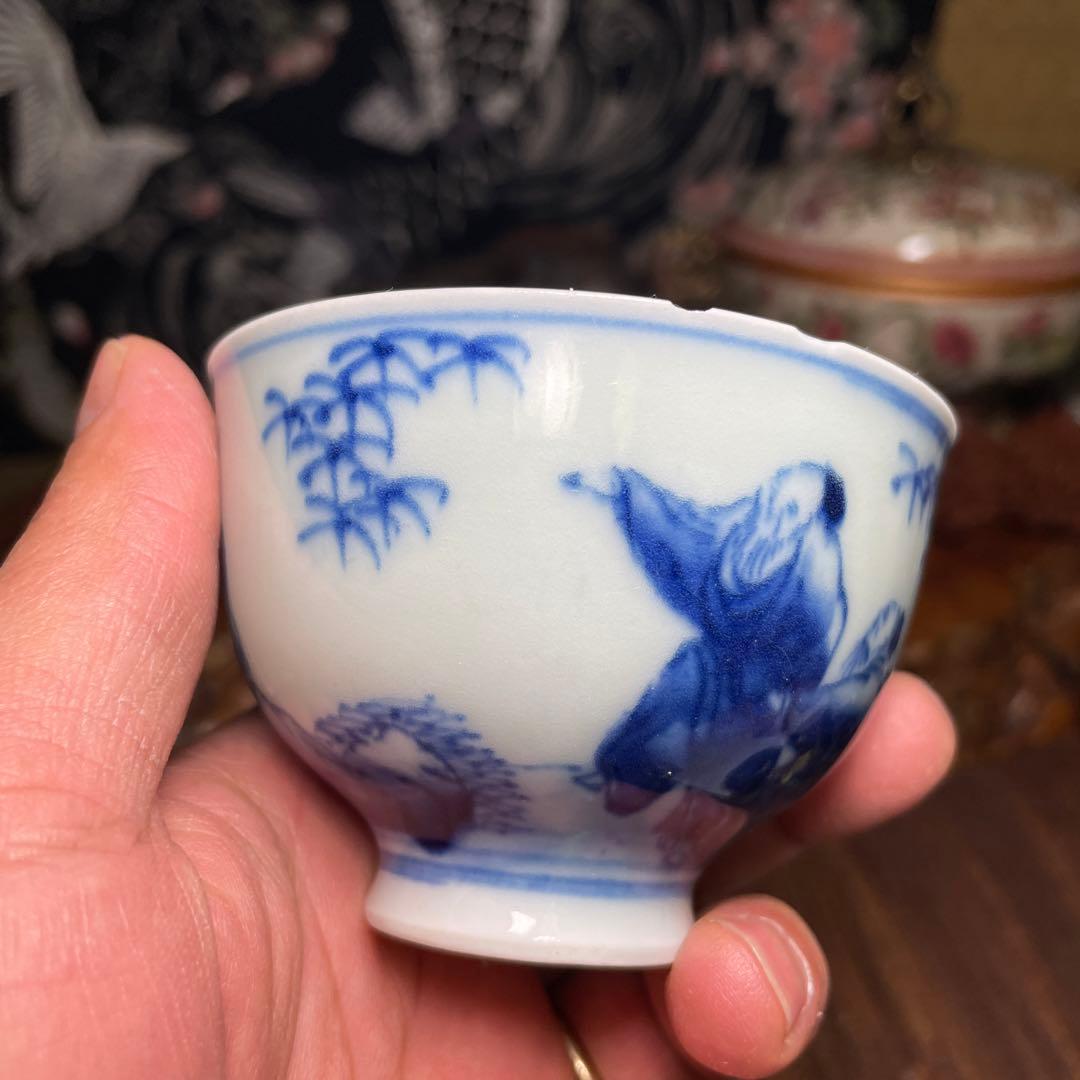 明治～大正時代　竹林七賢図茶碗２客　煎茶道具 青絵陶器茶碗2個セット