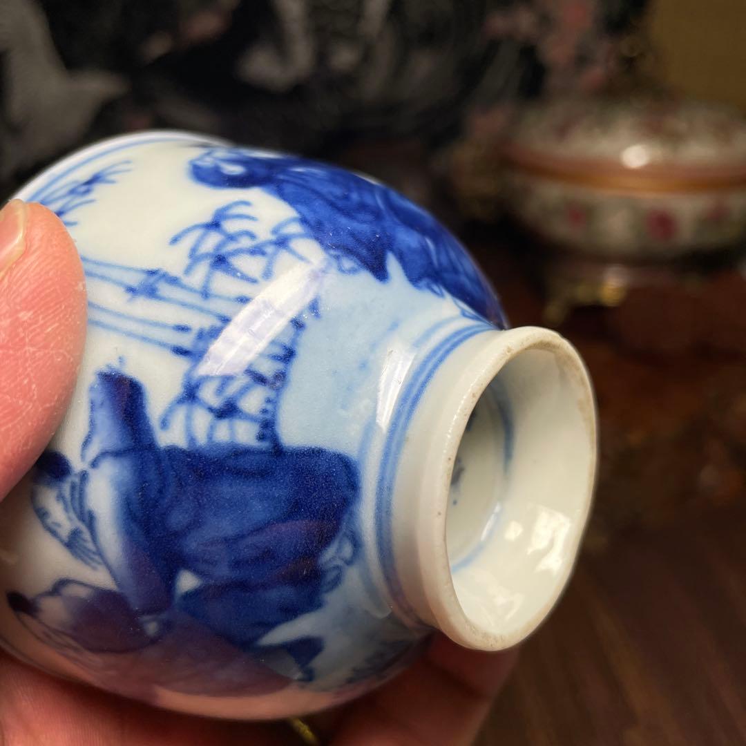 明治～大正時代　竹林七賢図茶碗２客　煎茶道具 青絵陶器茶碗2個セット