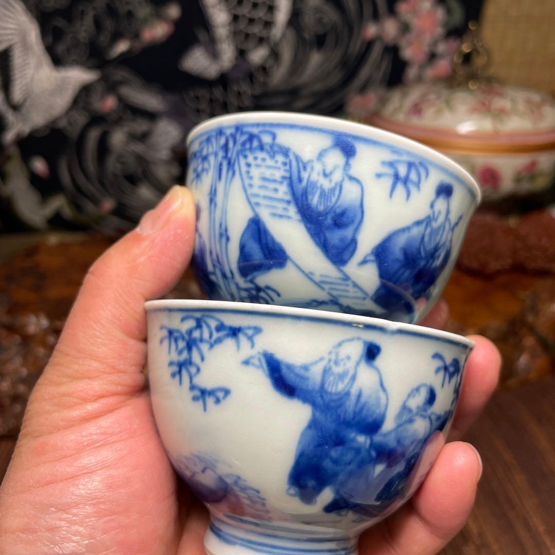 明治～大正時代　竹林七賢図茶碗２客　煎茶道具 青絵陶器茶碗2個セット